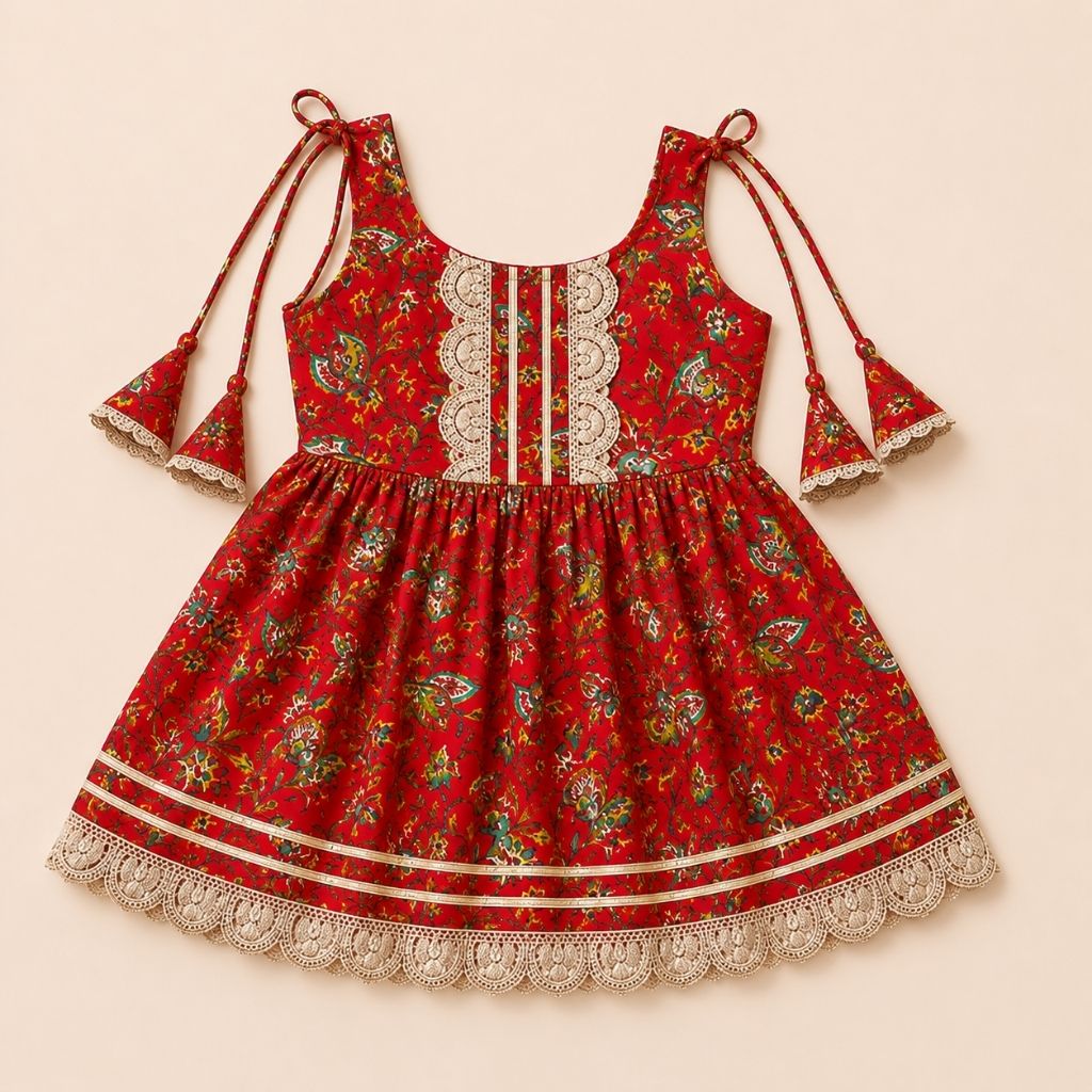 Girls Floral Printed Cotton Kurti Sharara Set with Net Dupatta | Sleeveless Festive Ethnic Wear | Red
