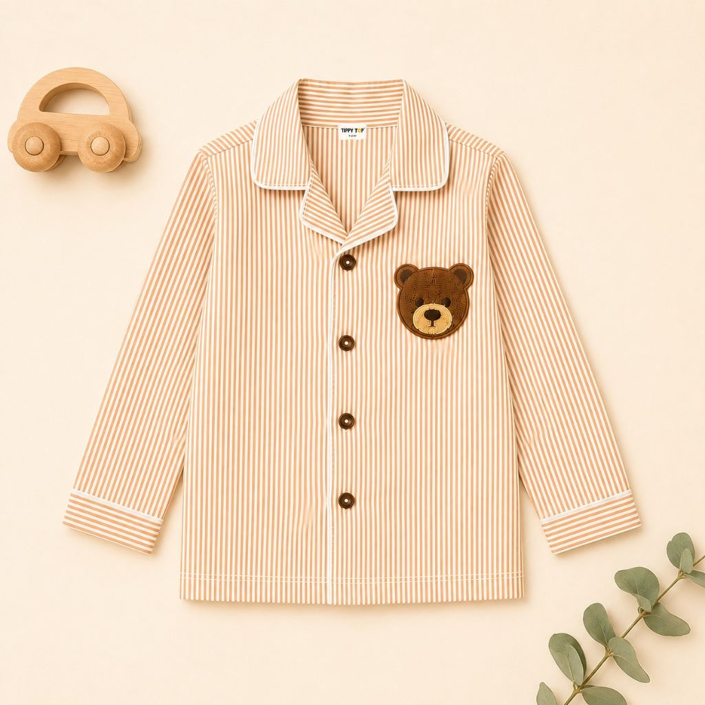 Cotton Striped Full Sleeve Night Suit with Teddy Patch & Pyjama - Beige