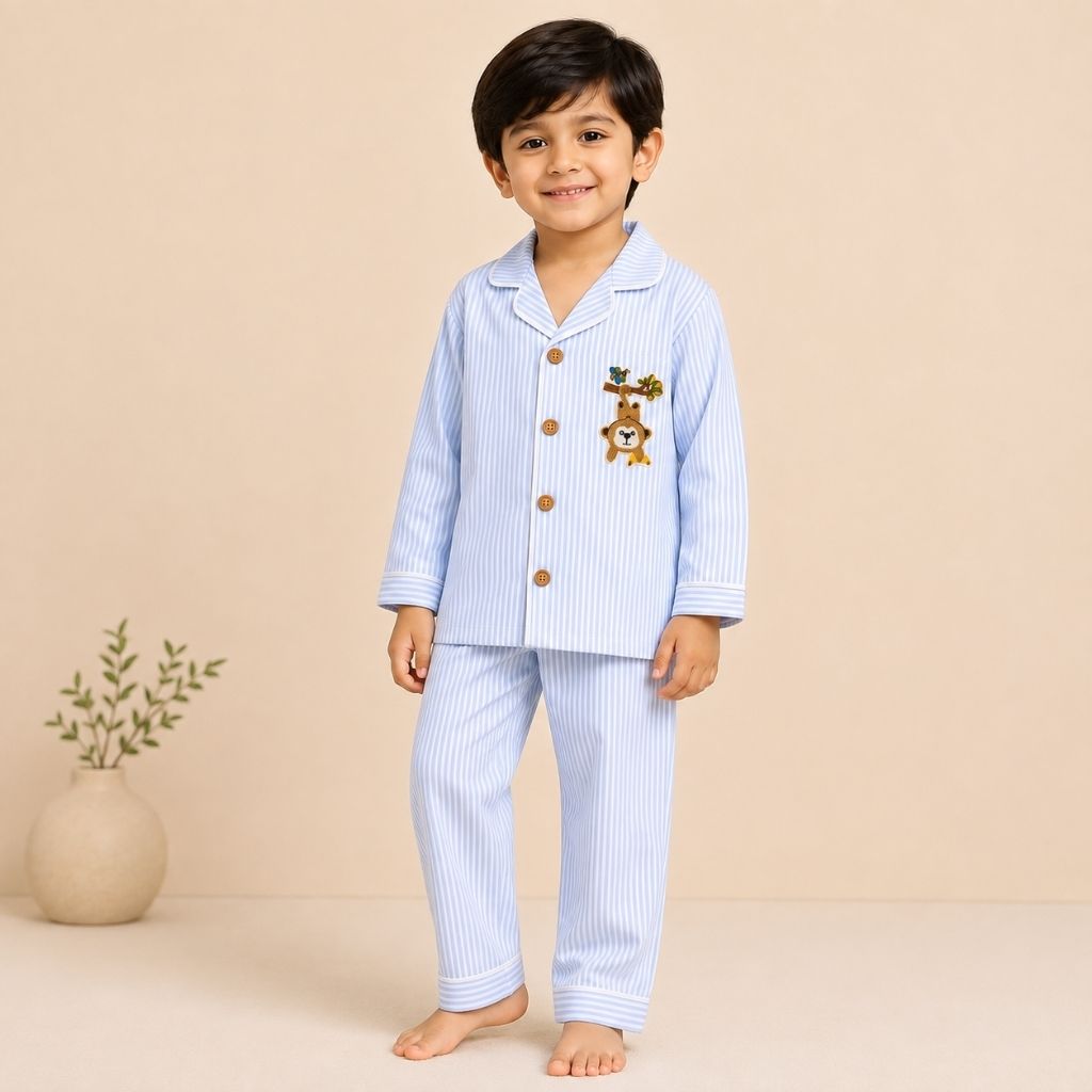 Kids striped cotton night suit with cute monkey patch – full sleeve shirt and pajama set