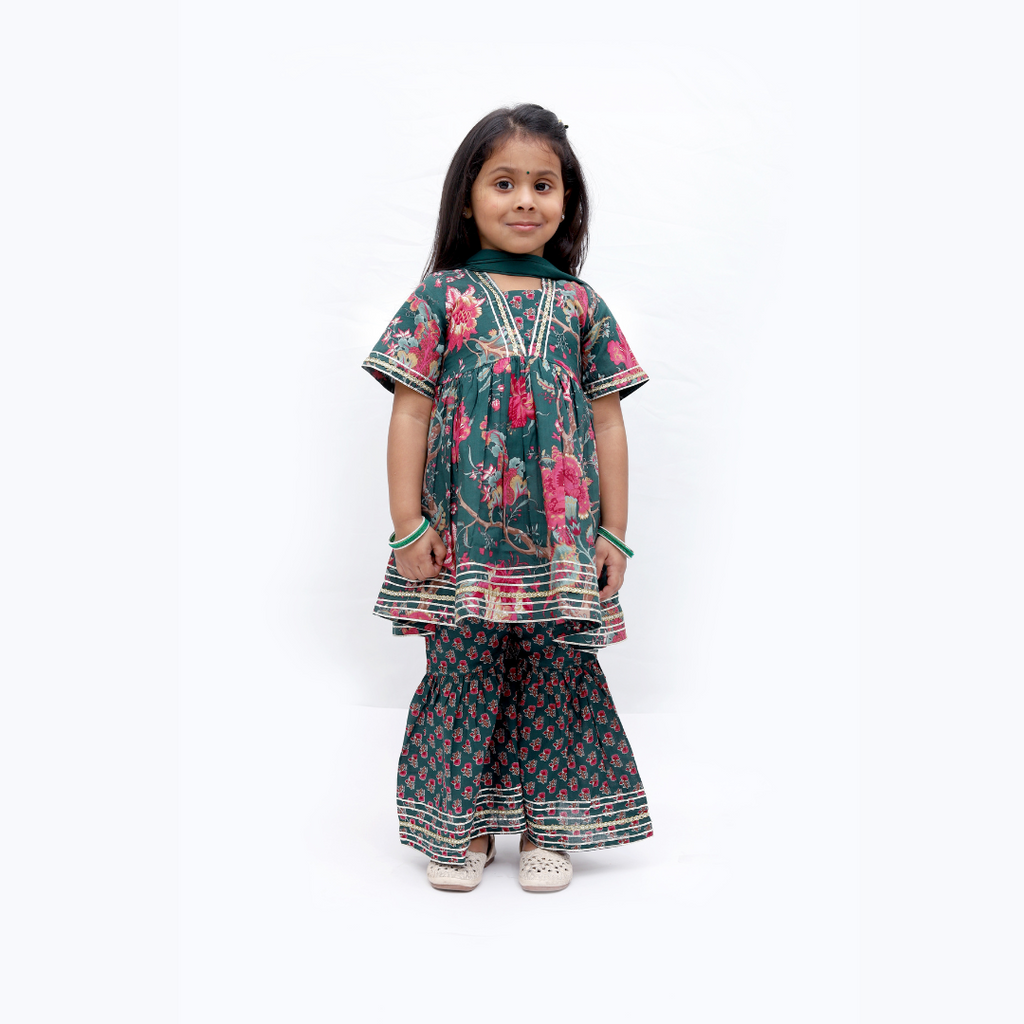 Girls green ethnic wear sharara set with floral print kurta, matching sharara and dupatta