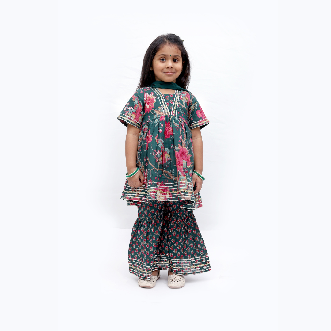 Girls green ethnic wear sharara set with floral print kurta, matching sharara and dupatta