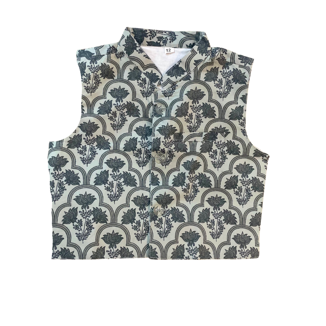 Grey Cotton Printed Nehru Jacket Kurta Set