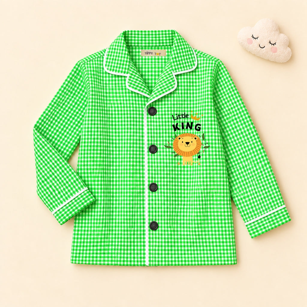 Kids Green Gingham Cotton Night Suit with Lion Sticker