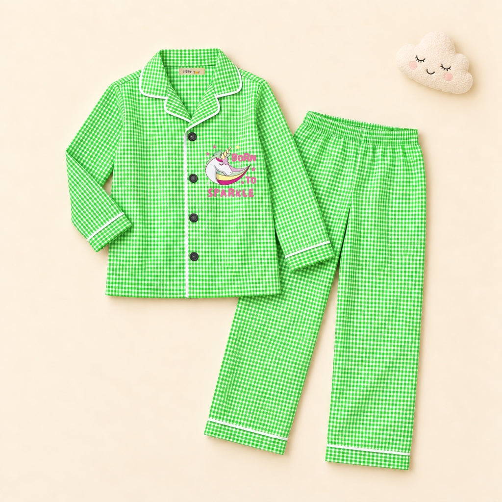 Cotton Full Sleeves Unicorn Sticker Green Ghingham Shirt & Pajama Nightsuit Set for Kids