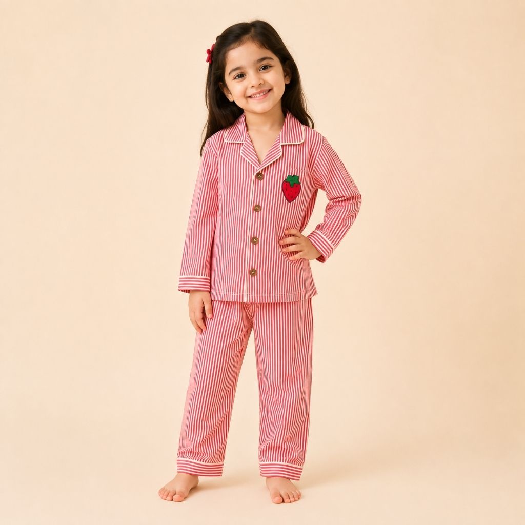 Cotton Full Sleeves Strawberry Patch Striped Shirt & Pajama Nightsuit Set for Girls