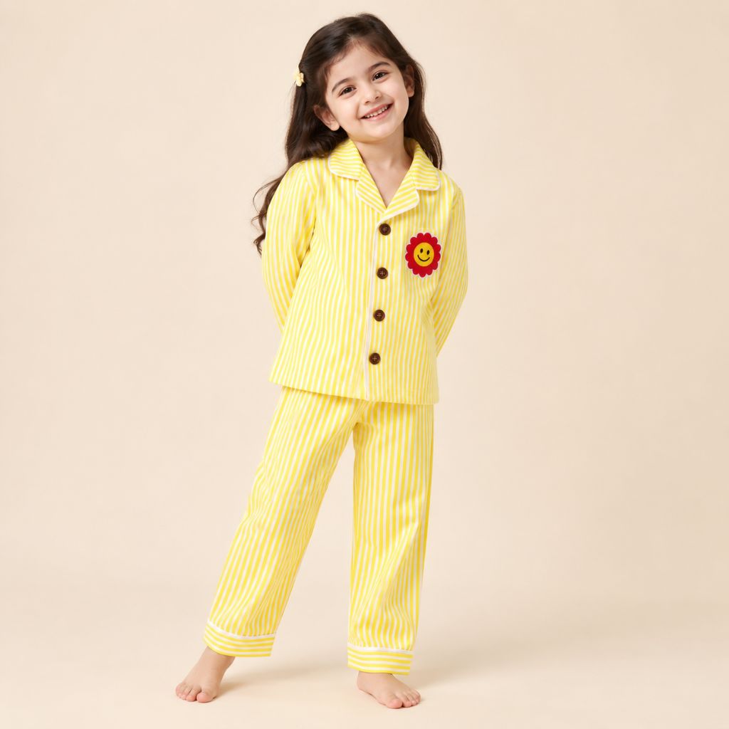 Kids Yellow Striped Cotton Night Suit with Smiley Flower Patch