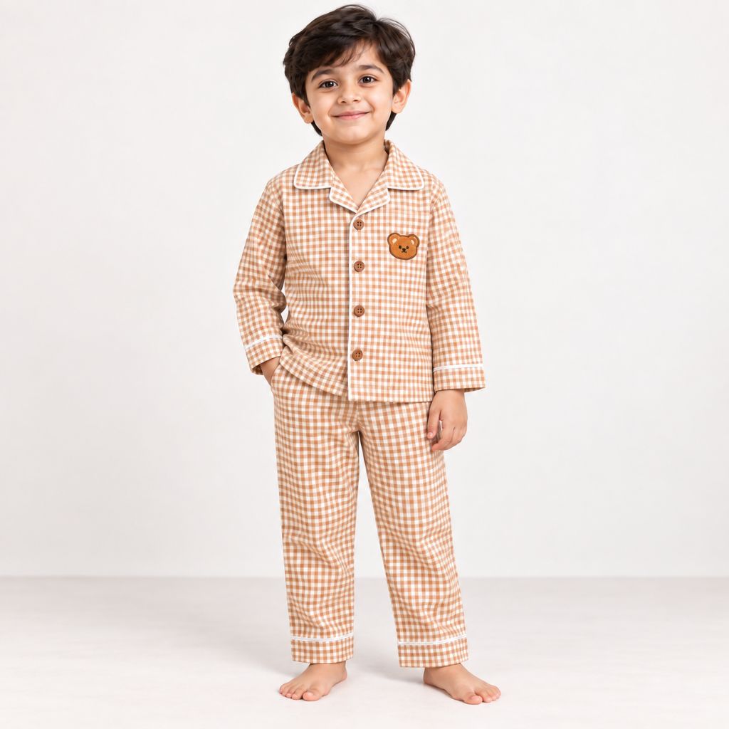 Cotton Full Sleeves Teddy Patch Beige Ghingham Shirt & Pajama Nightsuit Set for Kids