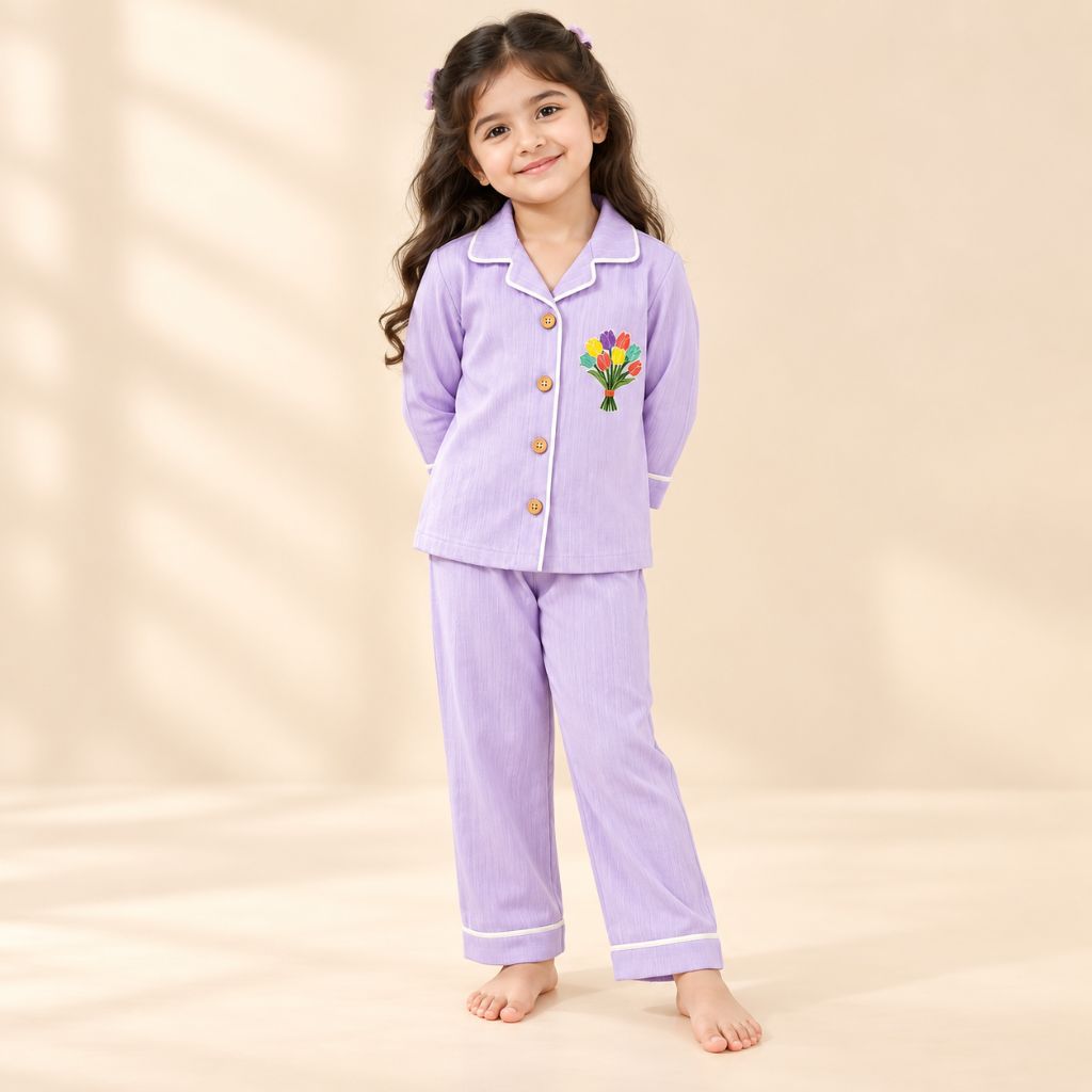 Kids Lavender Cotton Night Suit with Floral Patch