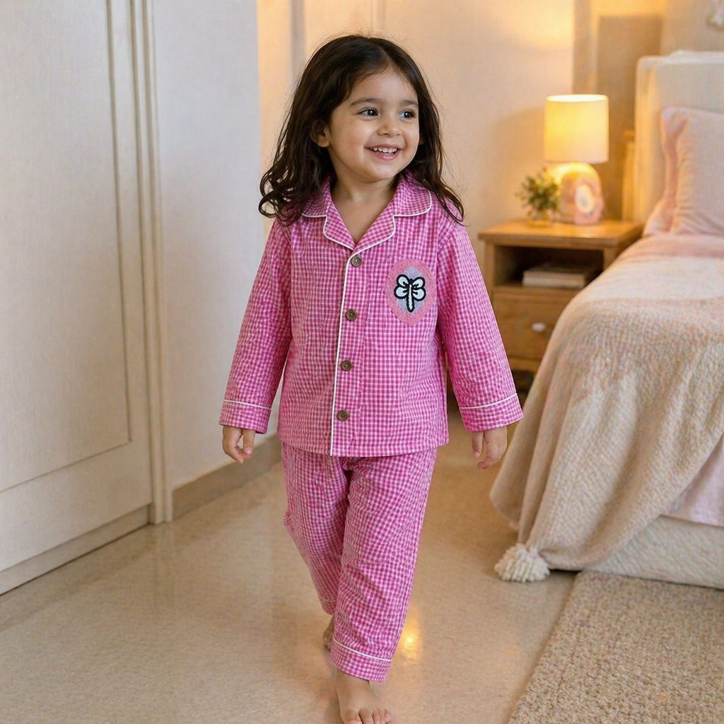 Pure Cotton Pink Gingham Checks Nightsuit Set with Dragonfly Patch