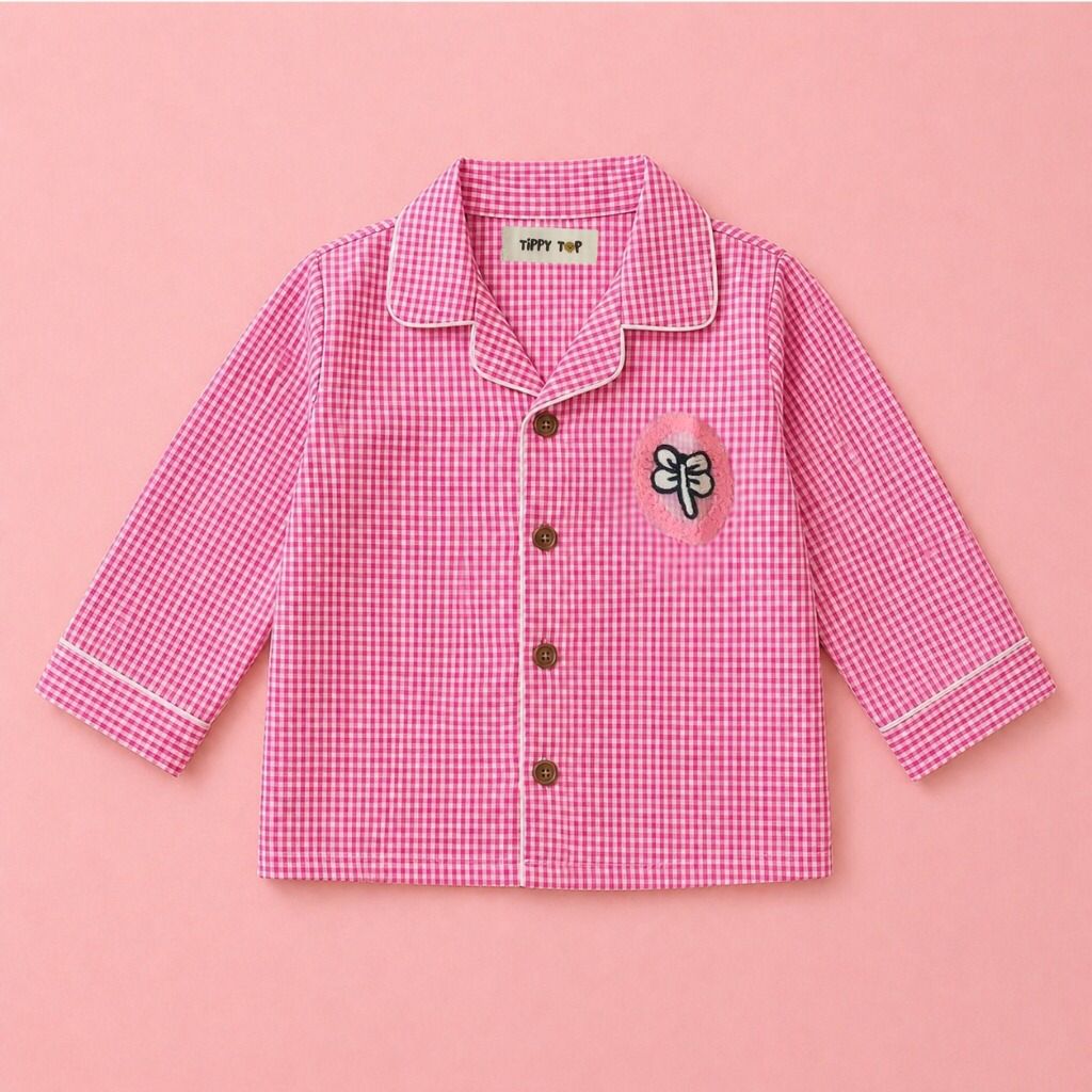 Pure Cotton Pink Gingham Checks Nightsuit Set with Dragonfly Patch