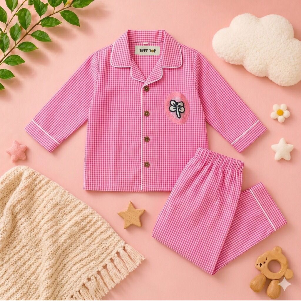 Pure Cotton Pink Gingham Checks Nightsuit Set with Dragonfly Patch