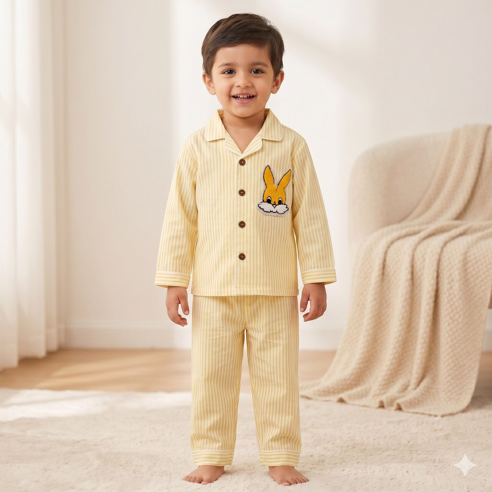 Kids Pure Cotton Yellow Striped Bunny Patch Night Suit