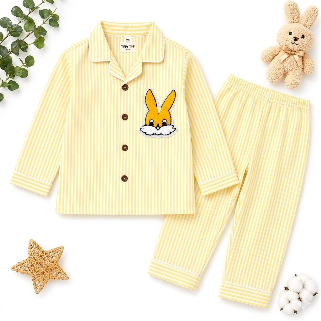 Kids Pure Cotton Yellow Striped Bunny Patch Night Suit