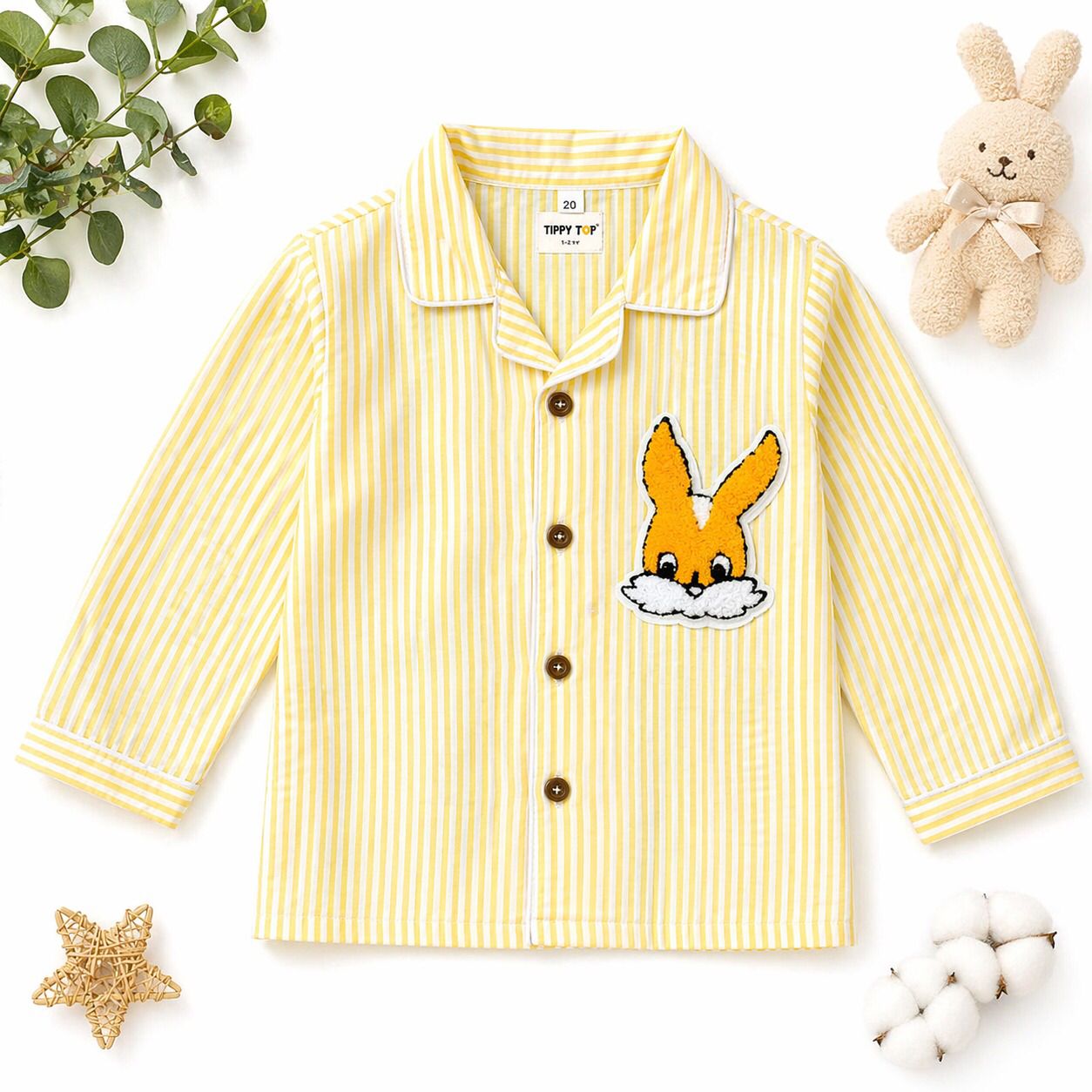 Kids Pure Cotton Yellow Striped Bunny Patch Night Suit