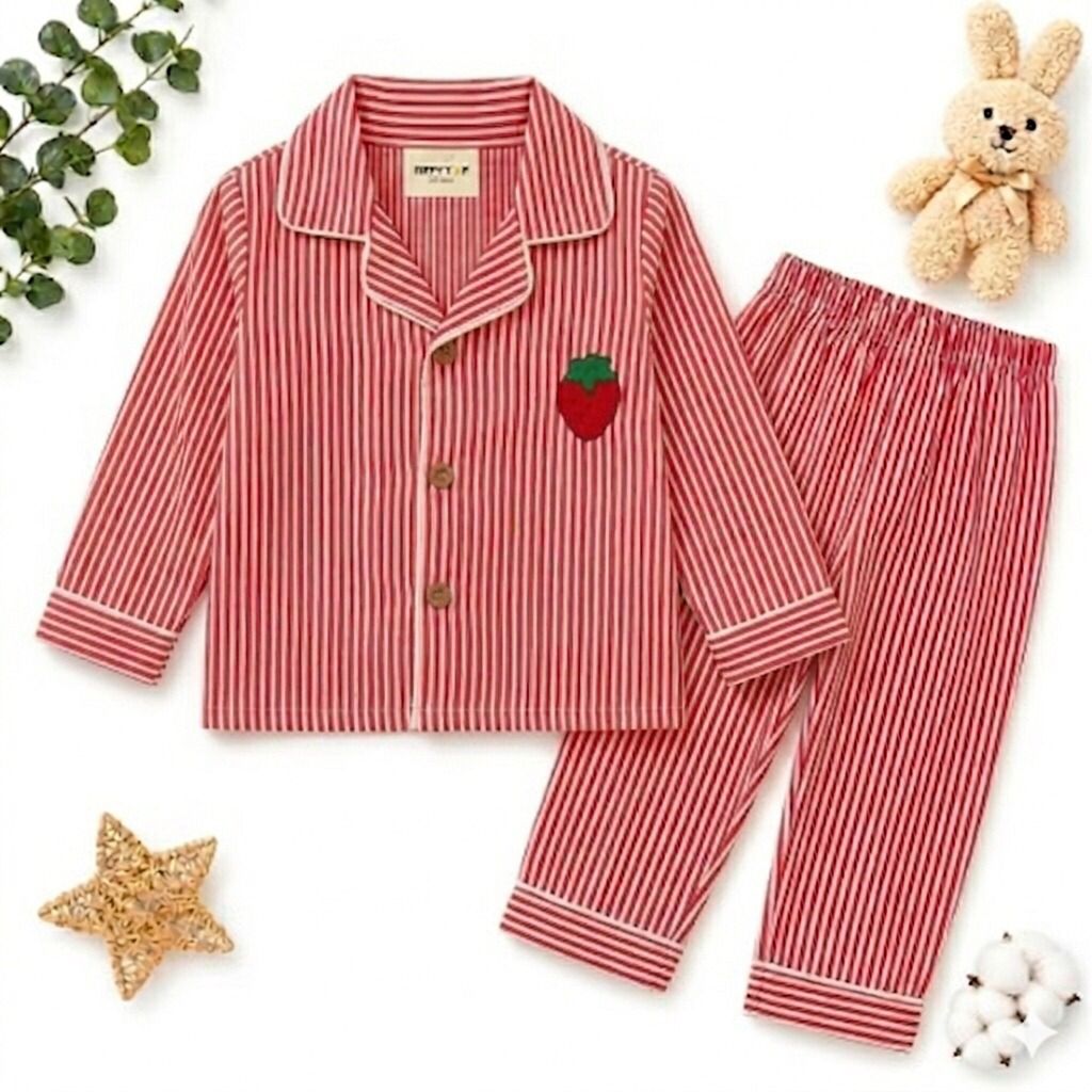 Pure Cotton Red & White Striped Nightsuit Set with Strawberry Patch
