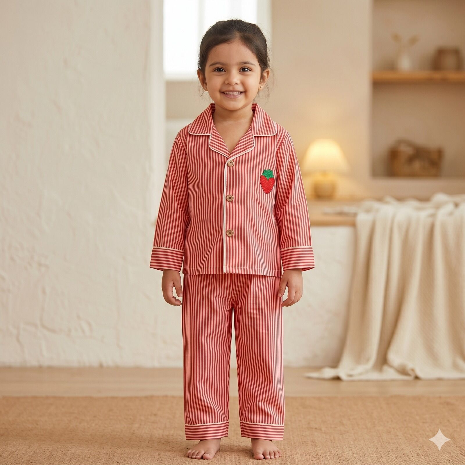 Pure Cotton Red & White Striped Nightsuit Set with Strawberry Patch