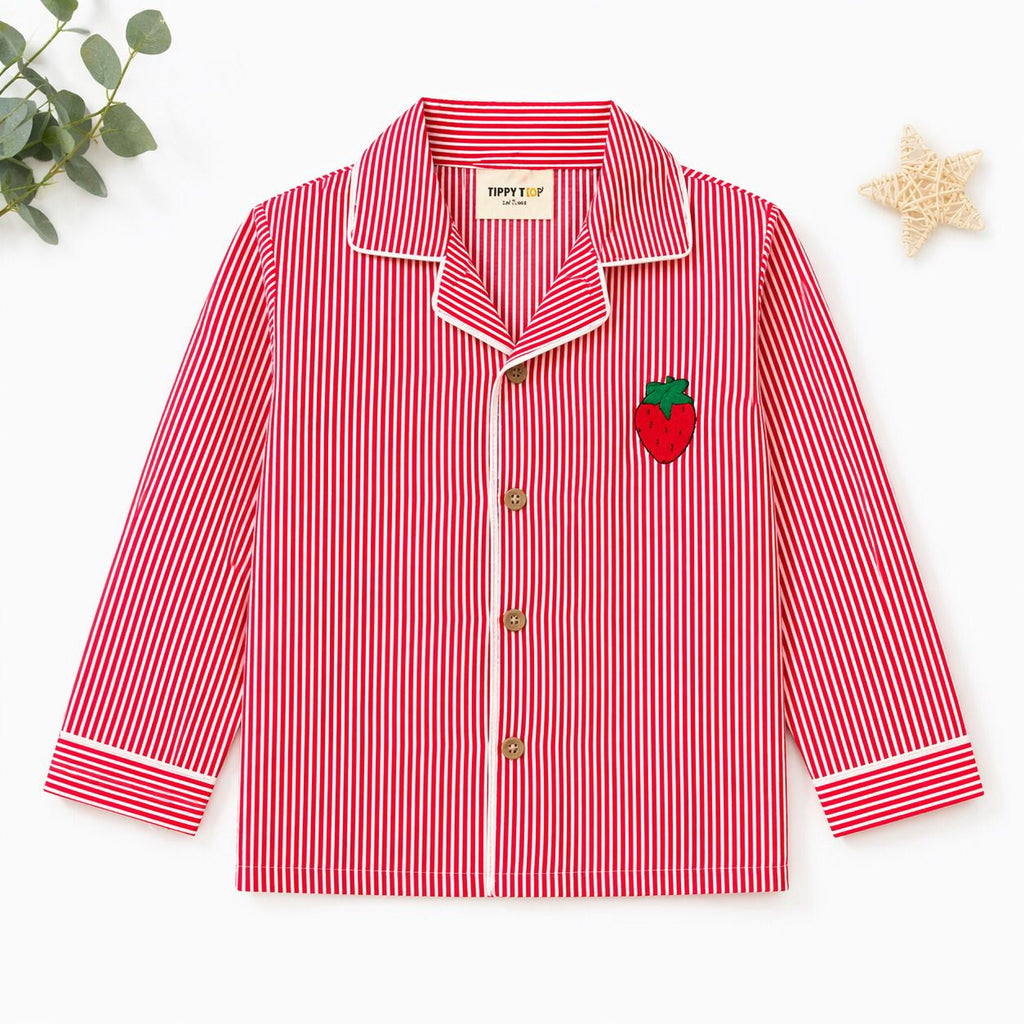 Pure Cotton Red & White Striped Nightsuit Set with Strawberry Patch