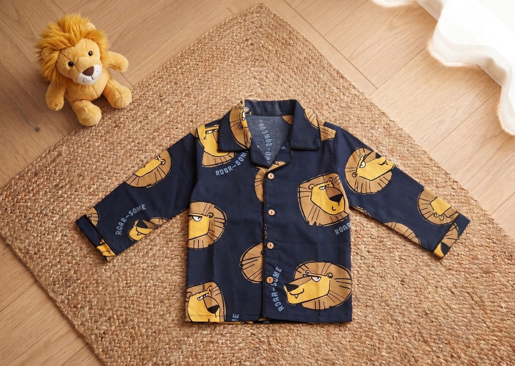 Pure Cotton Navy Blue Lion Print Nightsuit Set