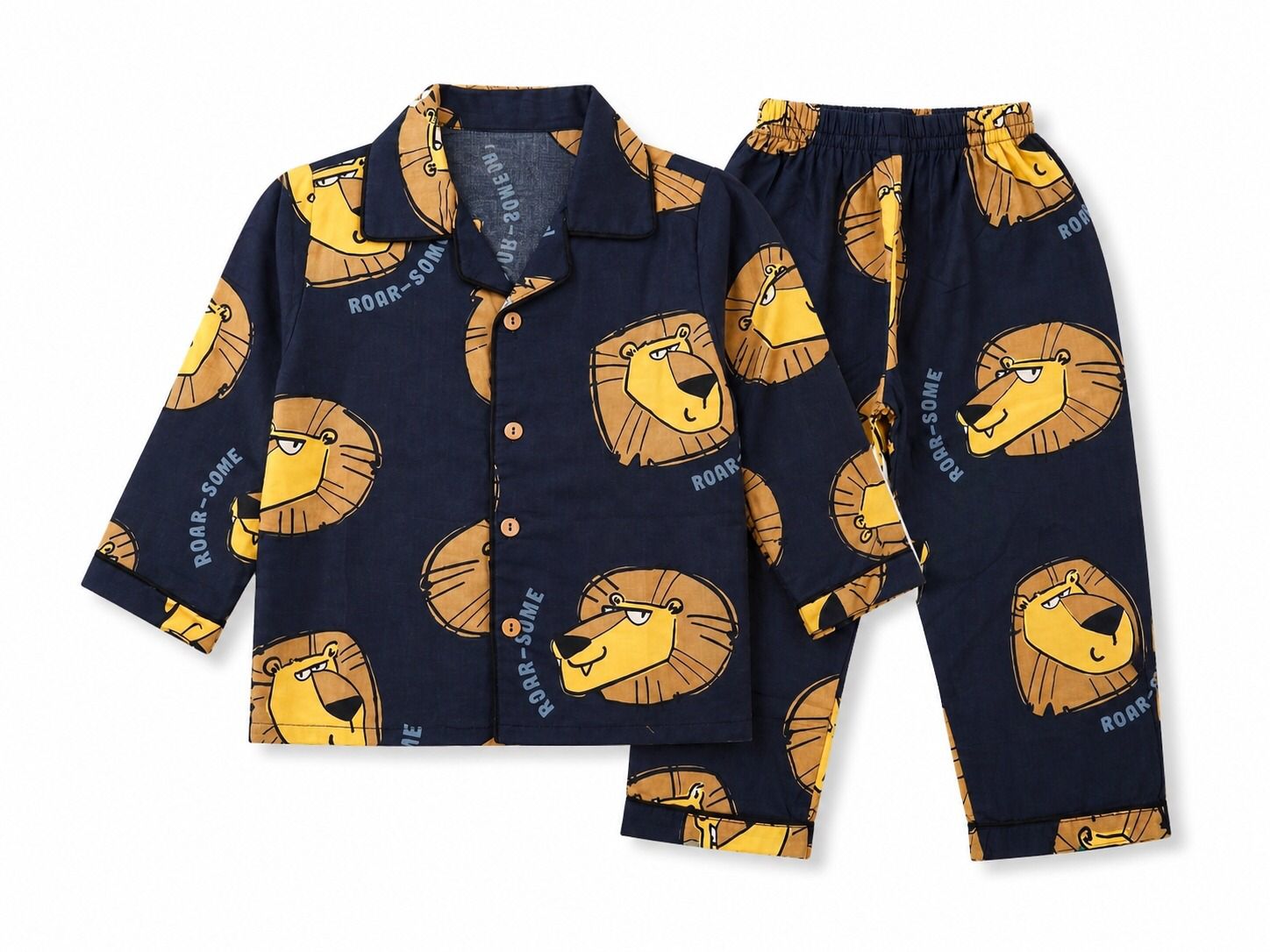 Pure Cotton Navy Blue Lion Print Nightsuit Set