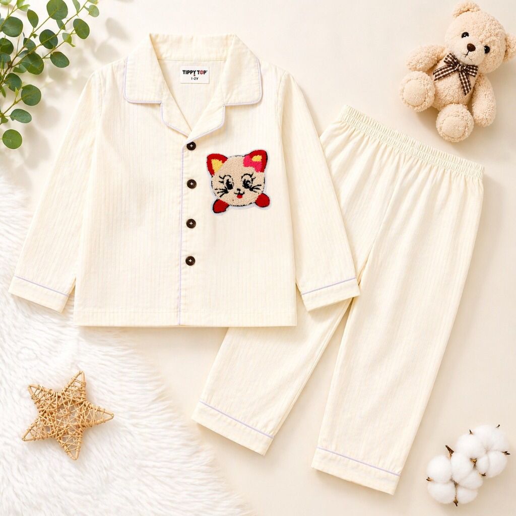 Cotton Yellow Cream Nightsuit Set with Cat Patch