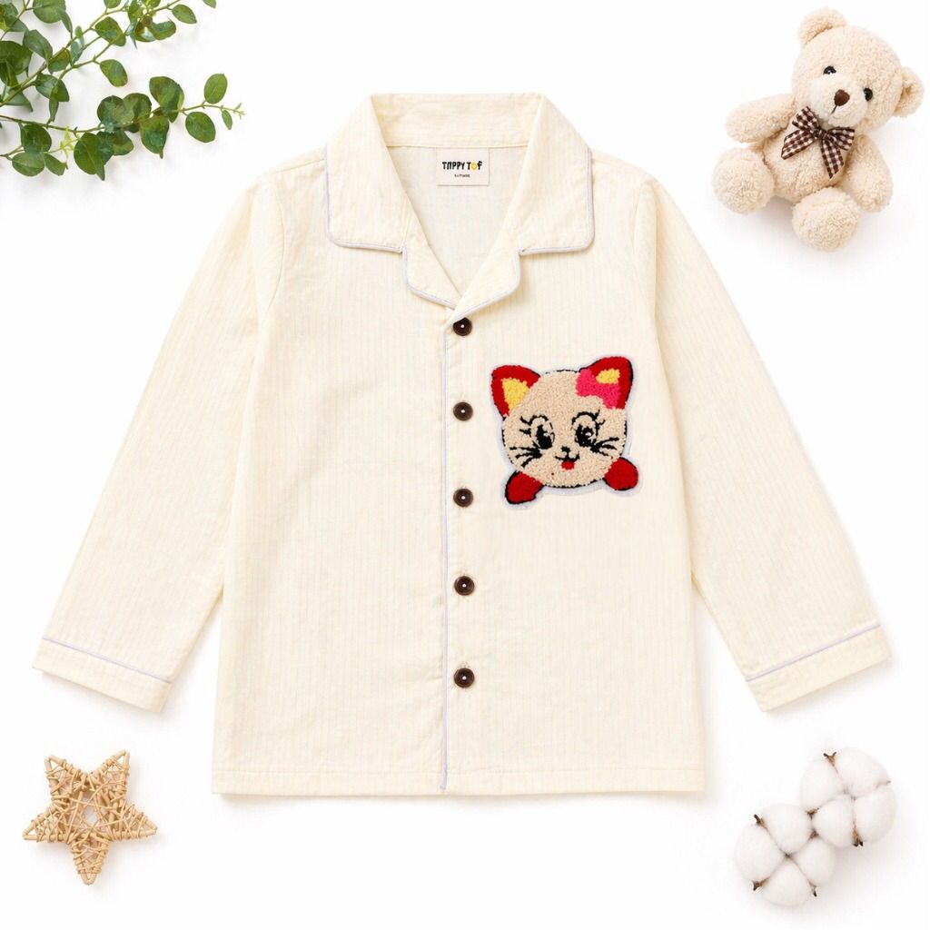 Cotton Yellow Cream Nightsuit Set with Cat Patch