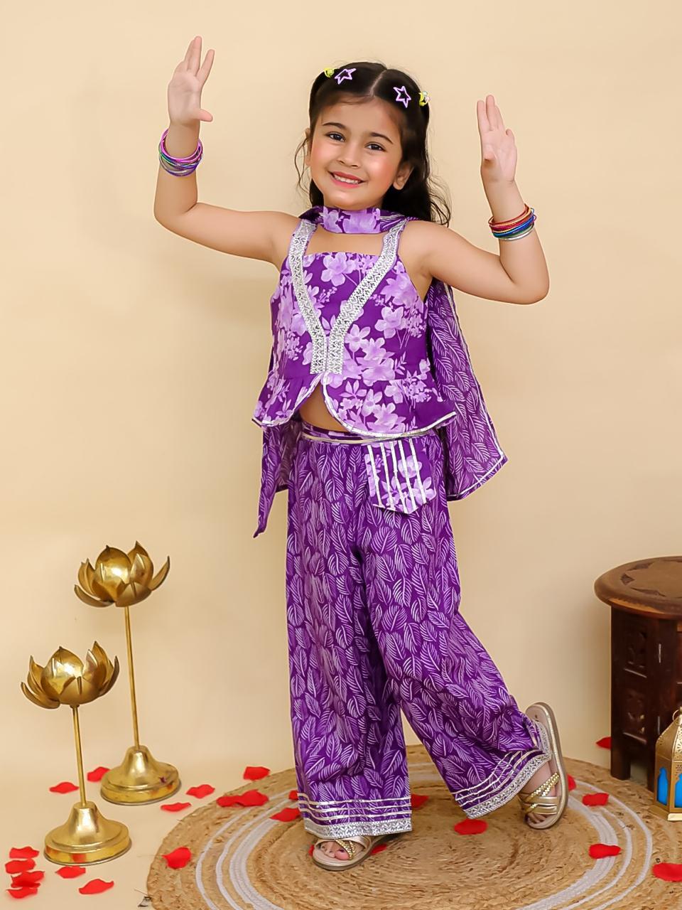 Girls Purple Floral Ethnic Co-ord Set with Dupatta & Flared Pants