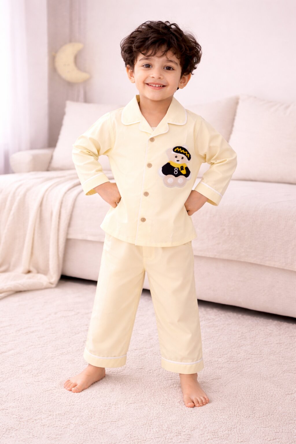 Yellow Cotton Teddy Patch Kids Night Suit