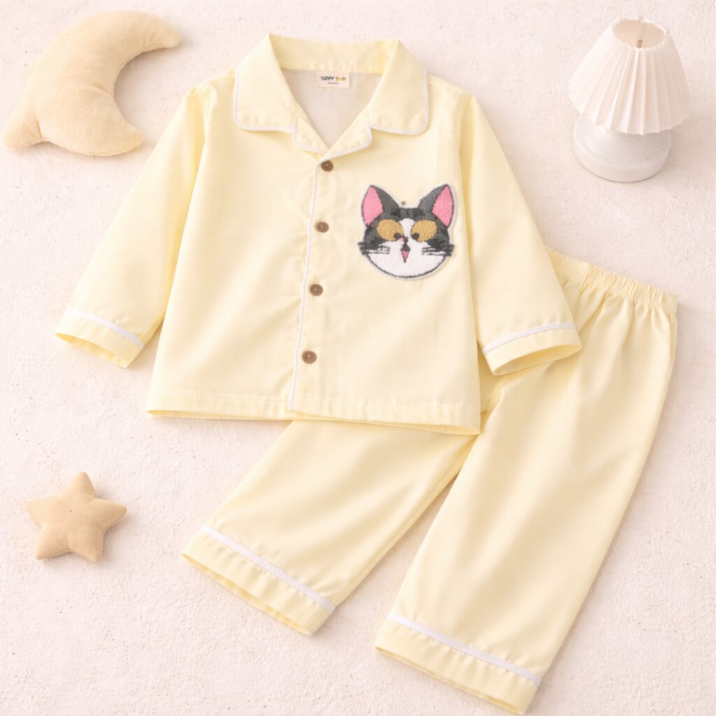 Yellow Cotton Cat Patch Kids Night Suit