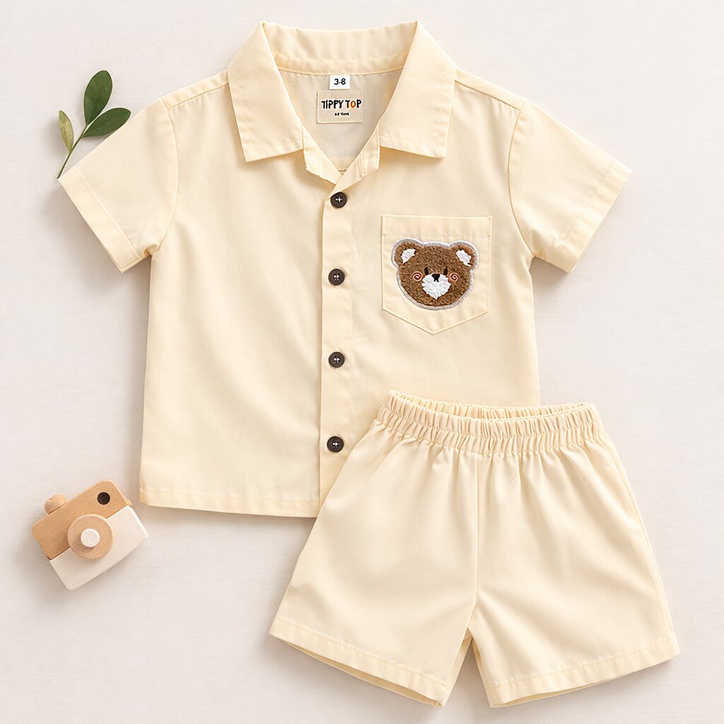 Kids butter yellow cotton co-ord set with teddy patch pocket – front view