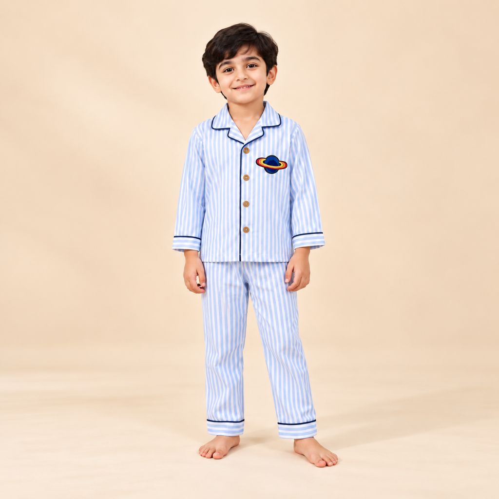 Cotton Full Sleeves Planet Patch Sky Blue Striped Shirt & Pajama Nightsuit Set for Kids