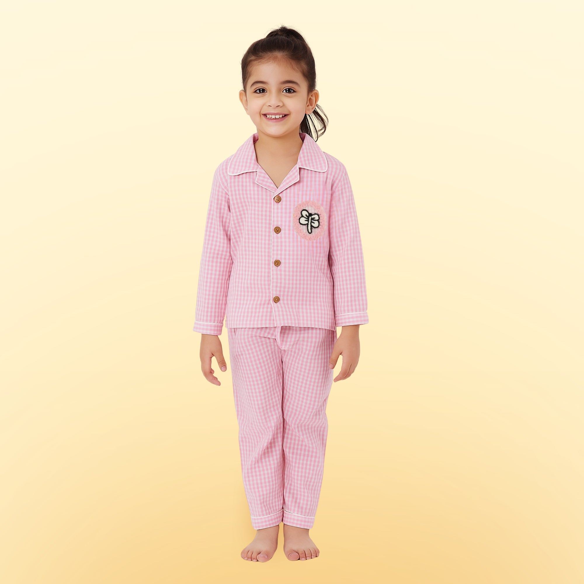 Pink Butterfly Checked Cotton PJ Set – Full‑Sleeved Nightsuit for Little Dreamers