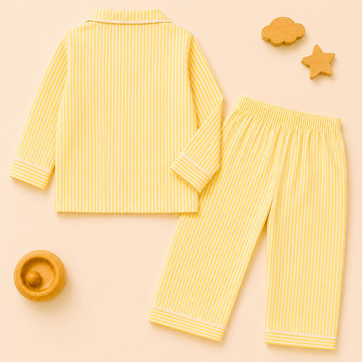 Kids Pure Cotton Night Suit | Yellow Vertical Stripe Full Sleeve Shirt & Pyjama Set with Star Patch