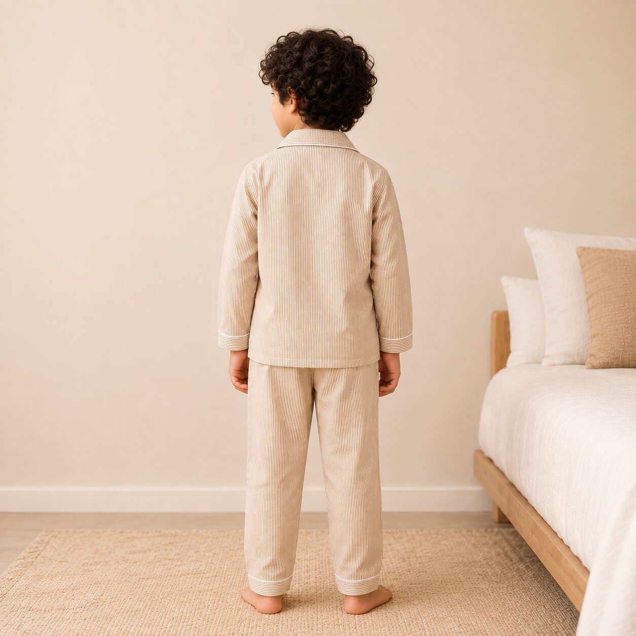 Cotton Striped Full Sleeve Night Suit with Teddy Patch & Pyjama - Beige