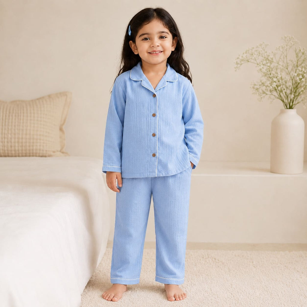 Kids blue solid cotton night suit – full sleeve shirt and pajama set