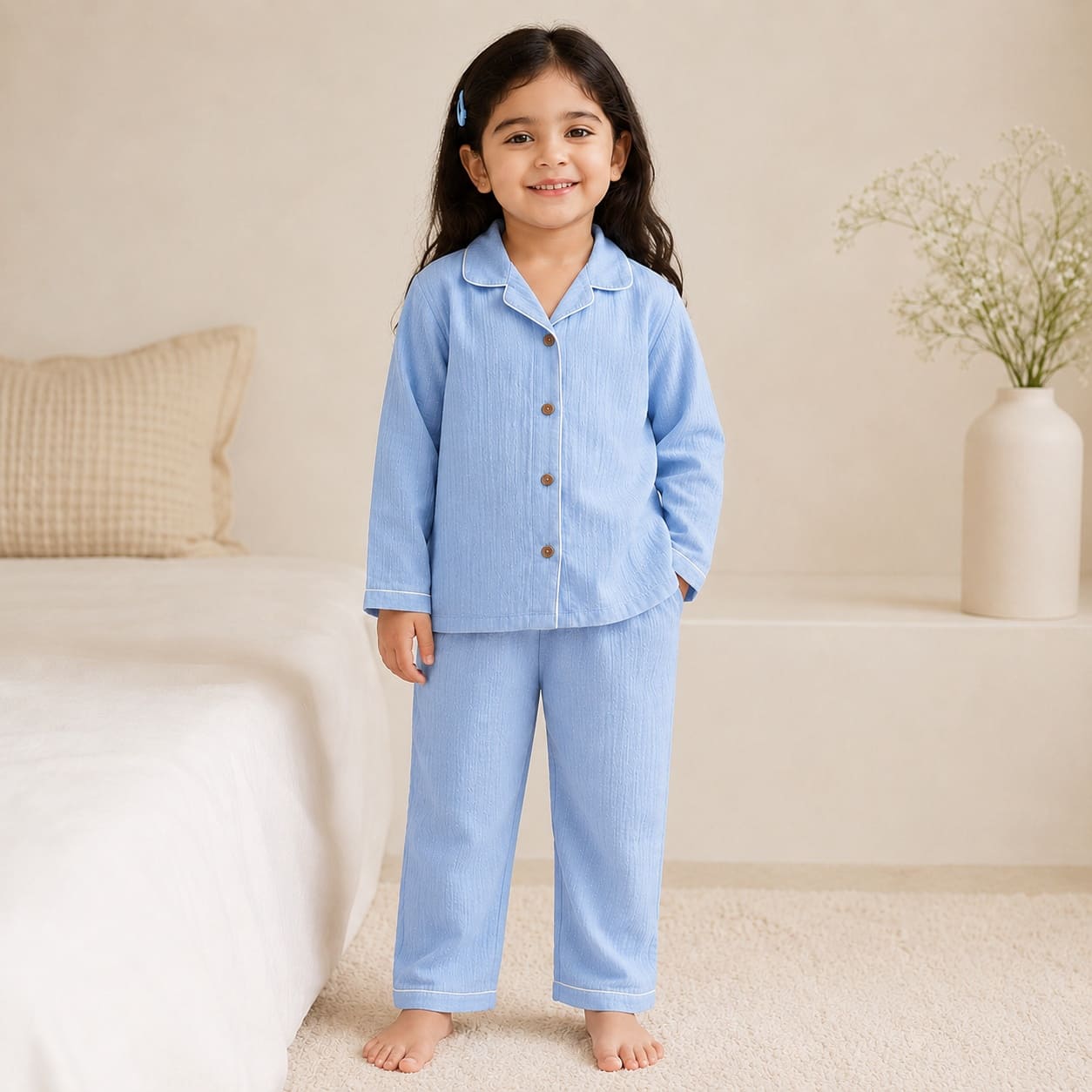 Kids blue solid cotton night suit – full sleeve shirt and pajama set
