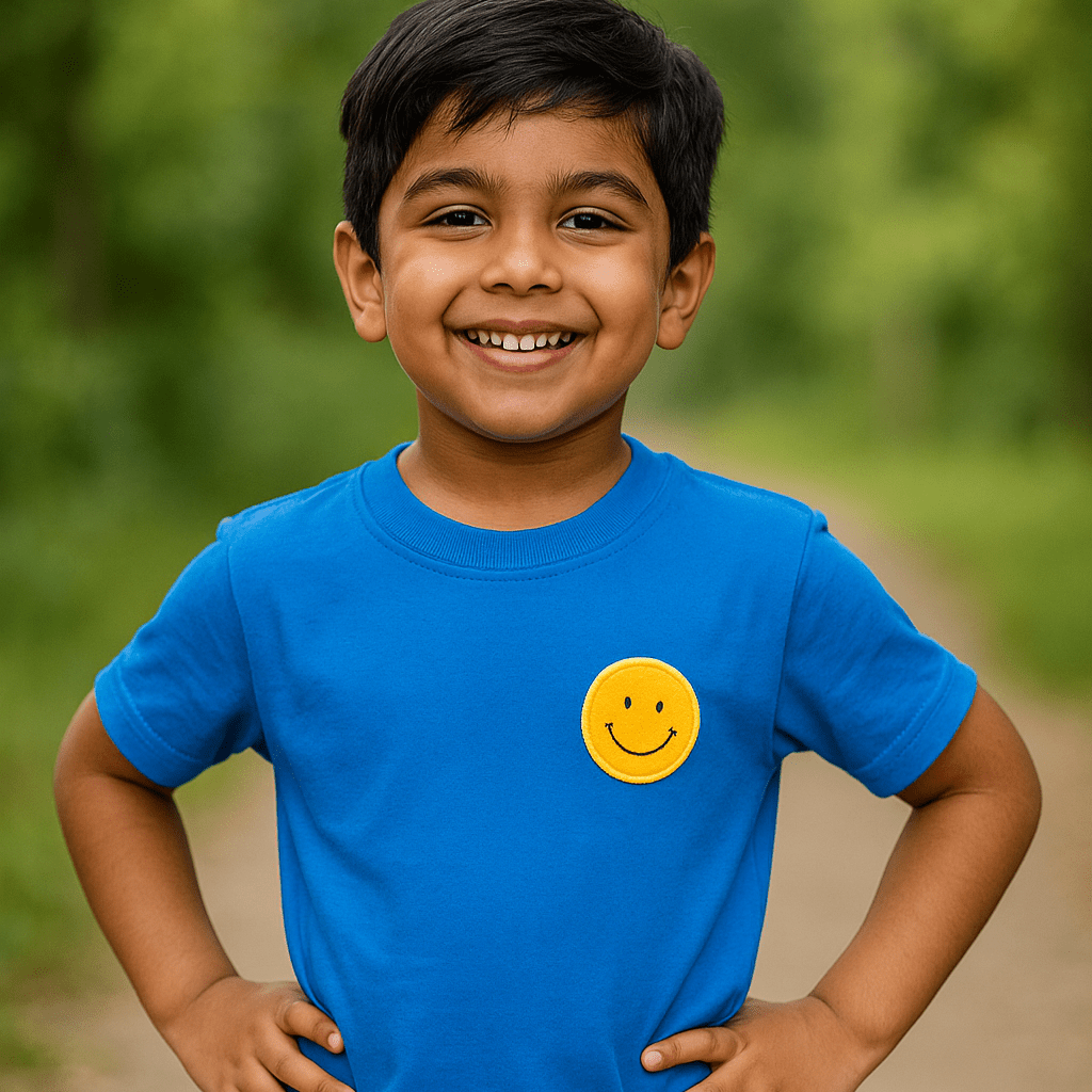 Boys Blue Cotton T-Shirt with Smiley Patch Motif - Tippy Top