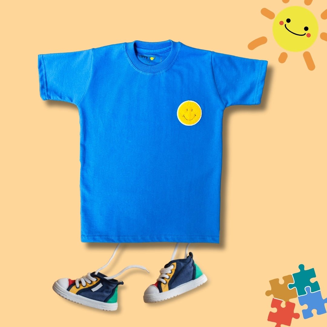 Boys Blue Cotton T-Shirt with Smiley Patch Motif - Tippy Top