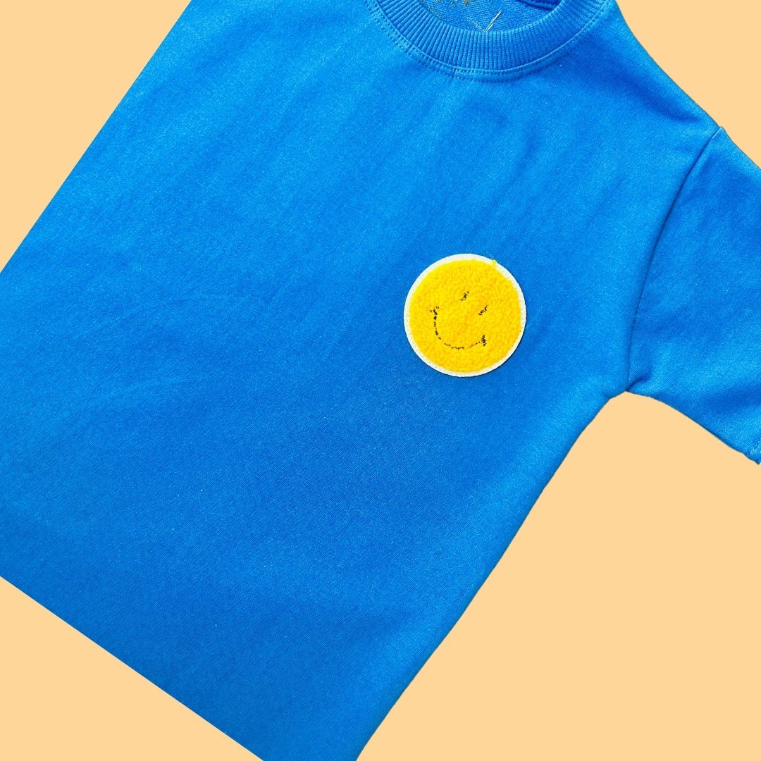 Boys Blue Cotton T-Shirt with Smiley Patch Motif - Tippy Top