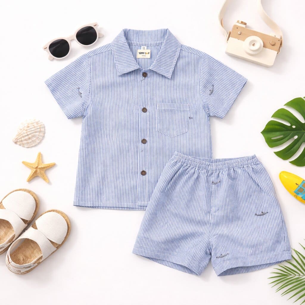 Boys Blue Striped Cotton Co-ord Set | Shirt & Shorts Summer Outfit - Tippy Top