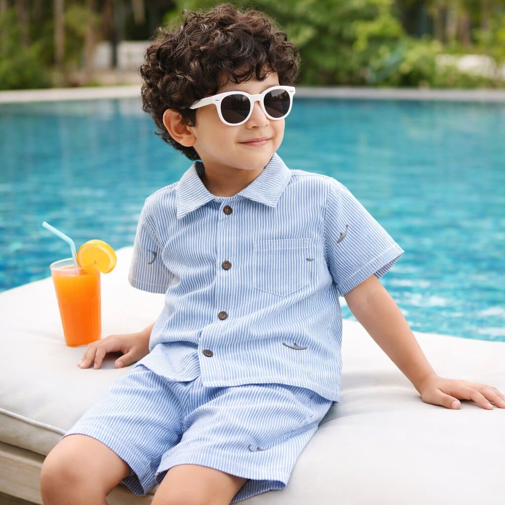 Boys Blue Striped Cotton Co-ord Set | Shirt & Shorts Summer Outfit - Tippy Top