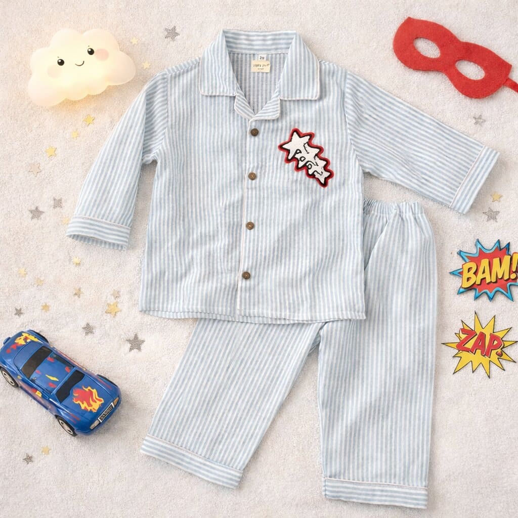 Boys Blue Striped Cotton Night Suit with Star Patch - Tippy Top