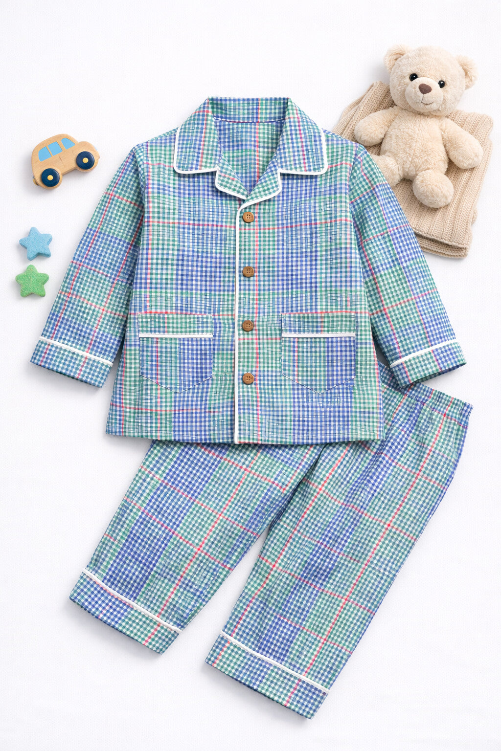 Kids checkered cotton night suit with front open shirt – front view