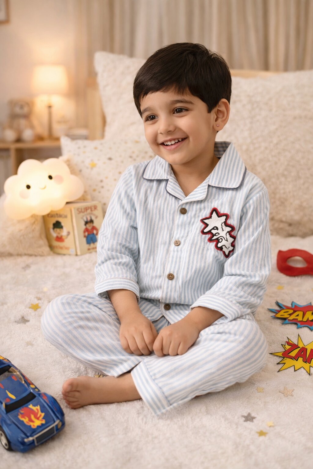 Blue Striped Cotton Night Suit with Star Patch