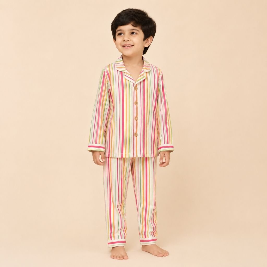 Cotton Woven Full Sleeves Multi Stripe Coordinating Shirt & Pajama Nightsuit Set for Kids - Tippy Top