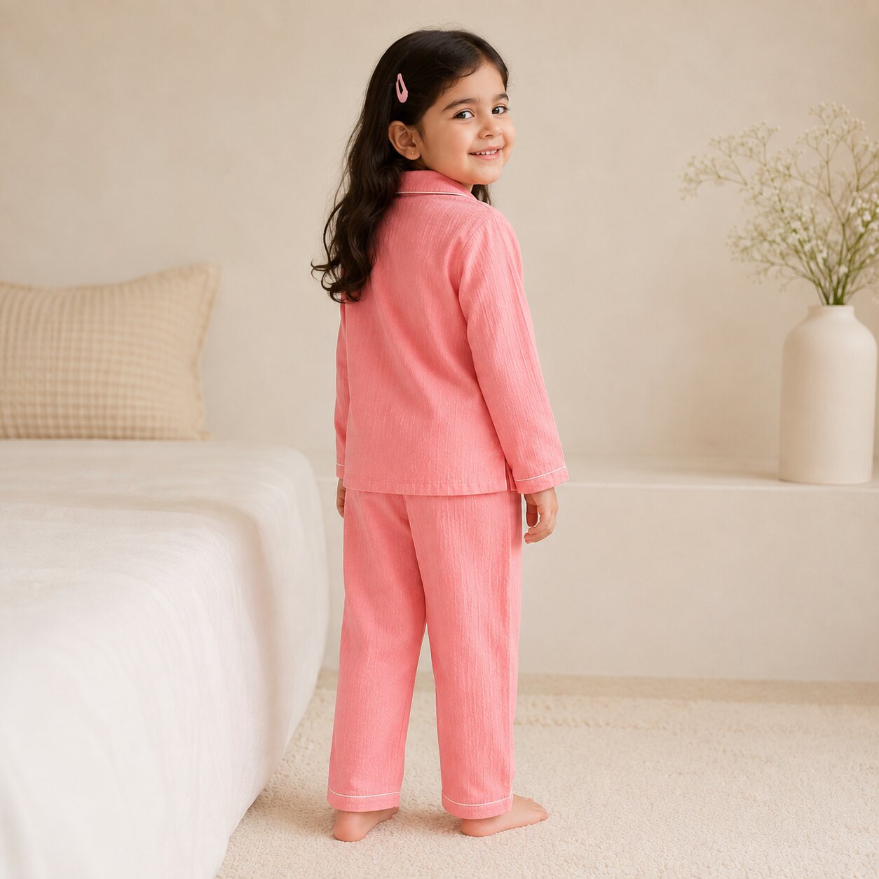 Cotton Textured Full Sleeve Night Suit with Contrast Piping - Pink