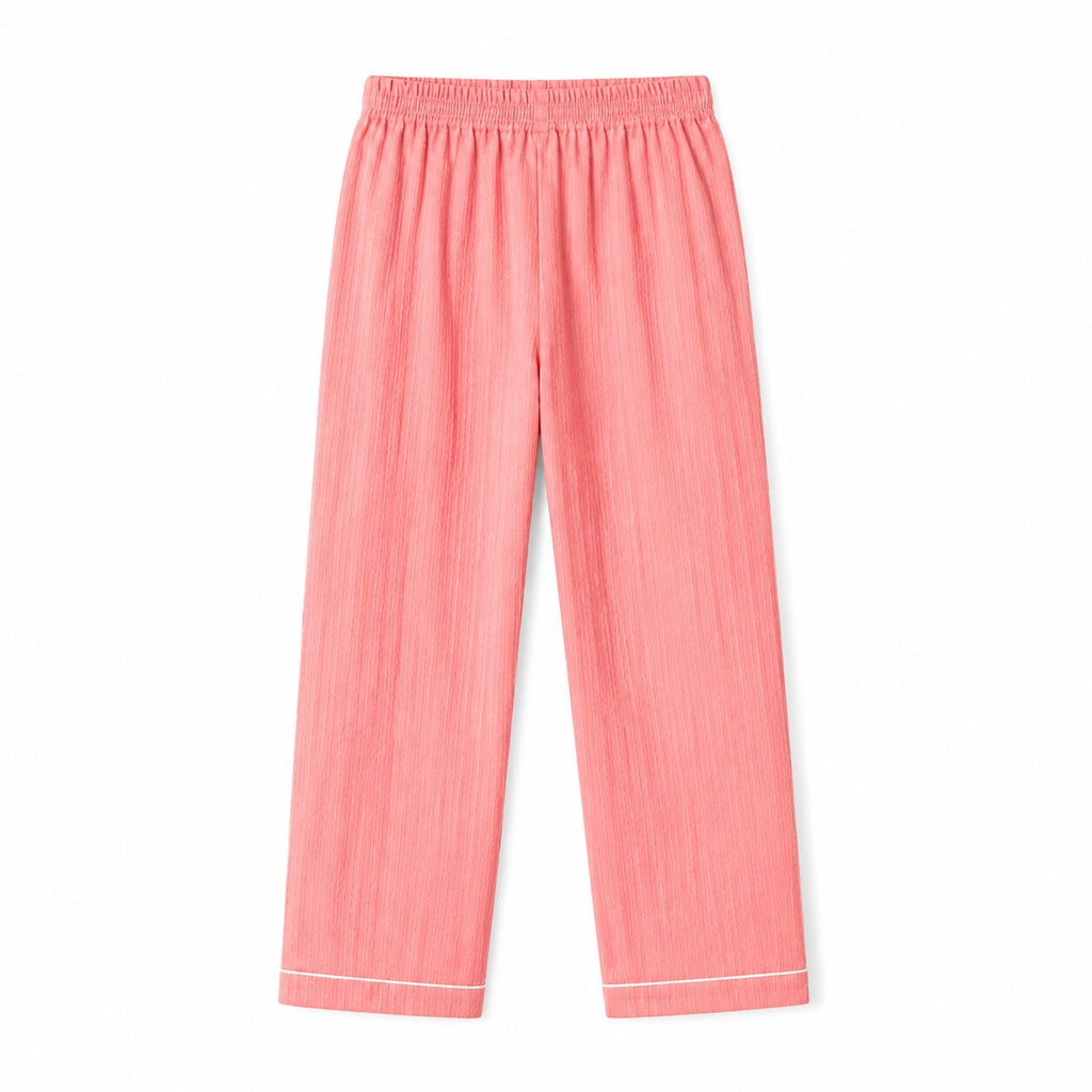 Cotton Textured Full Sleeve Night Suit with Contrast Piping - Pink