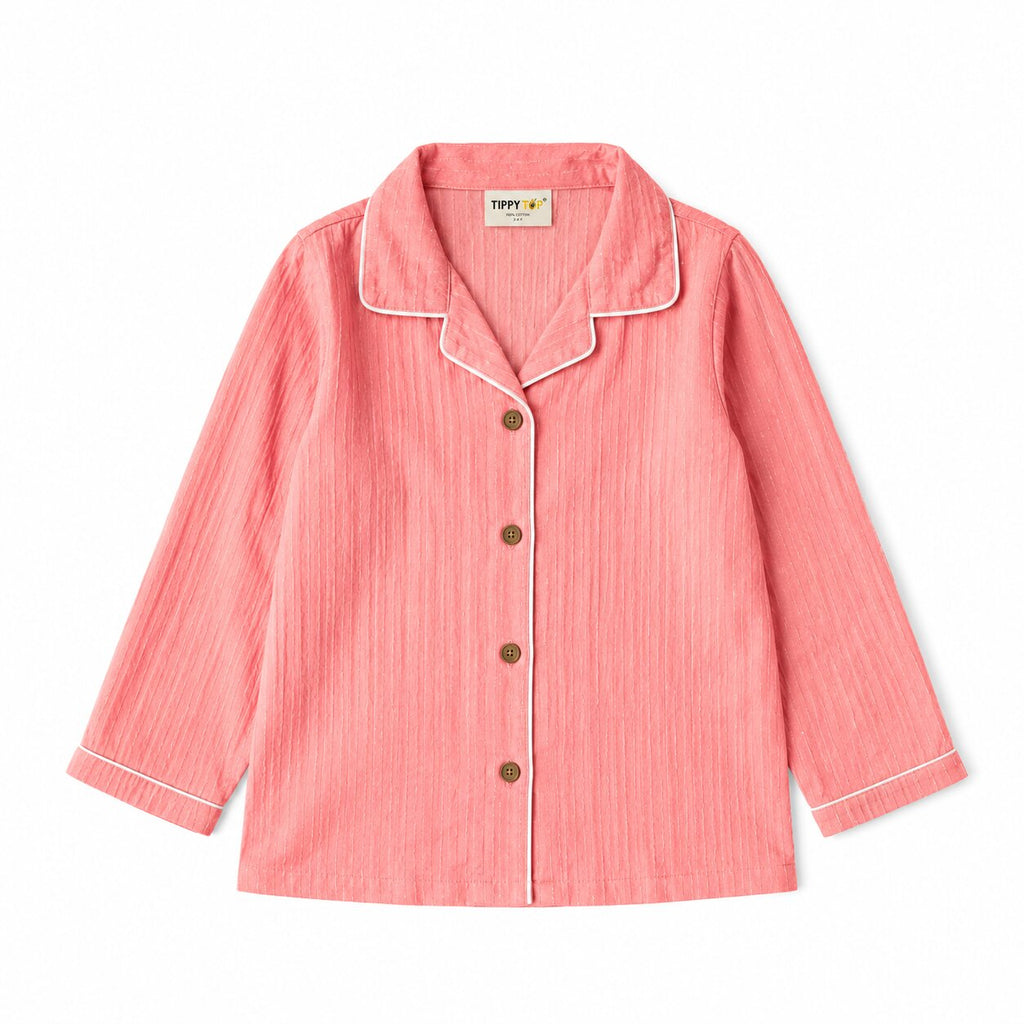 Cotton Textured Full Sleeve Night Suit with Contrast Piping - Pink