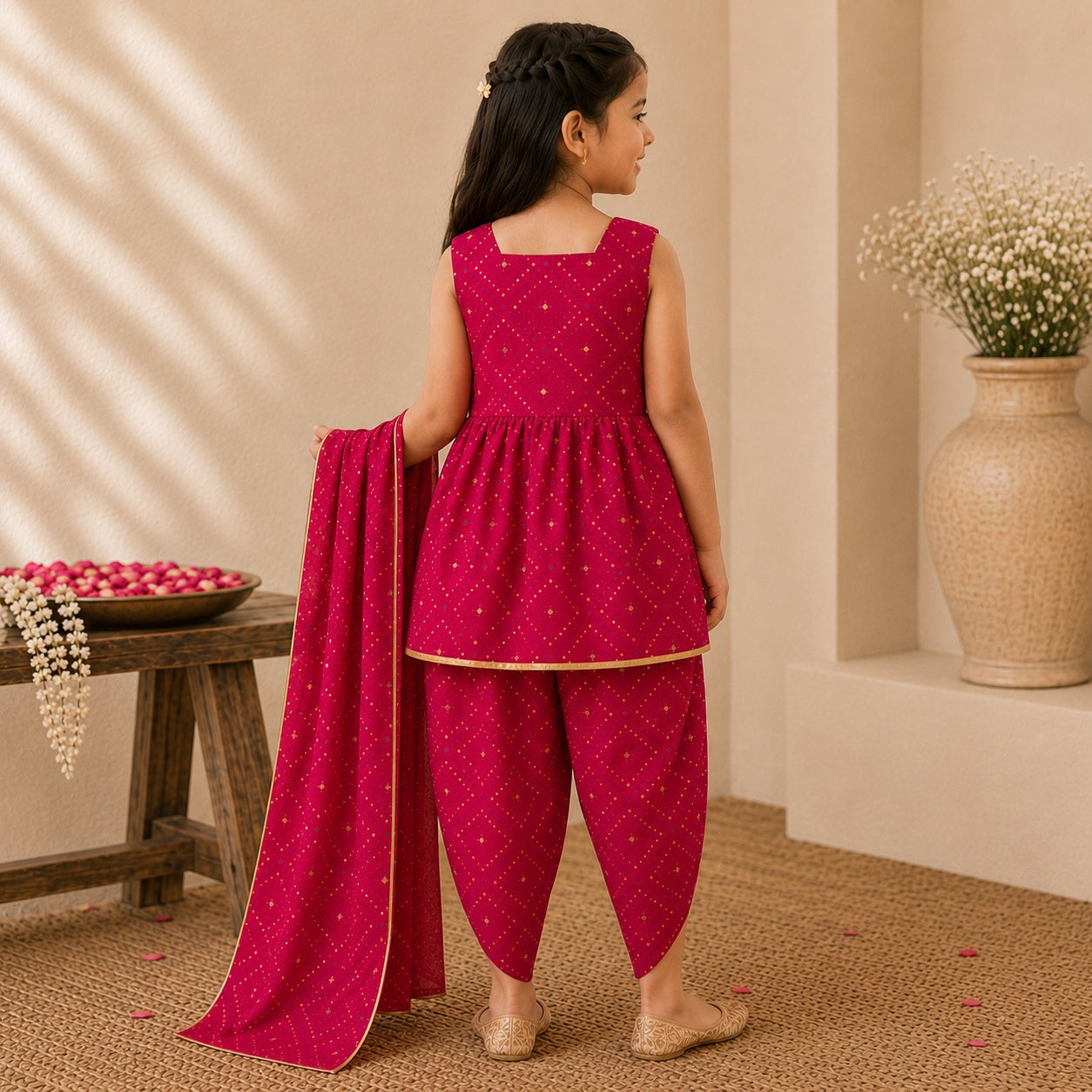 Girls Pink Cotton Bandhani Ethnic Wear Set with Dhoti Pants & Dupatta