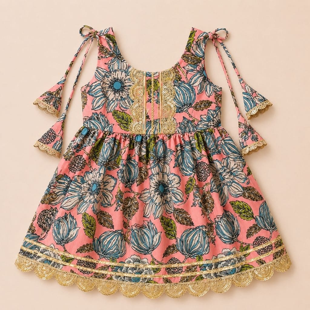 Girls Floral Printed Cotton Kurti Sharara Set with Net Dupatta | Sleeveless Ethnic Wear | Pink - Tippy Top