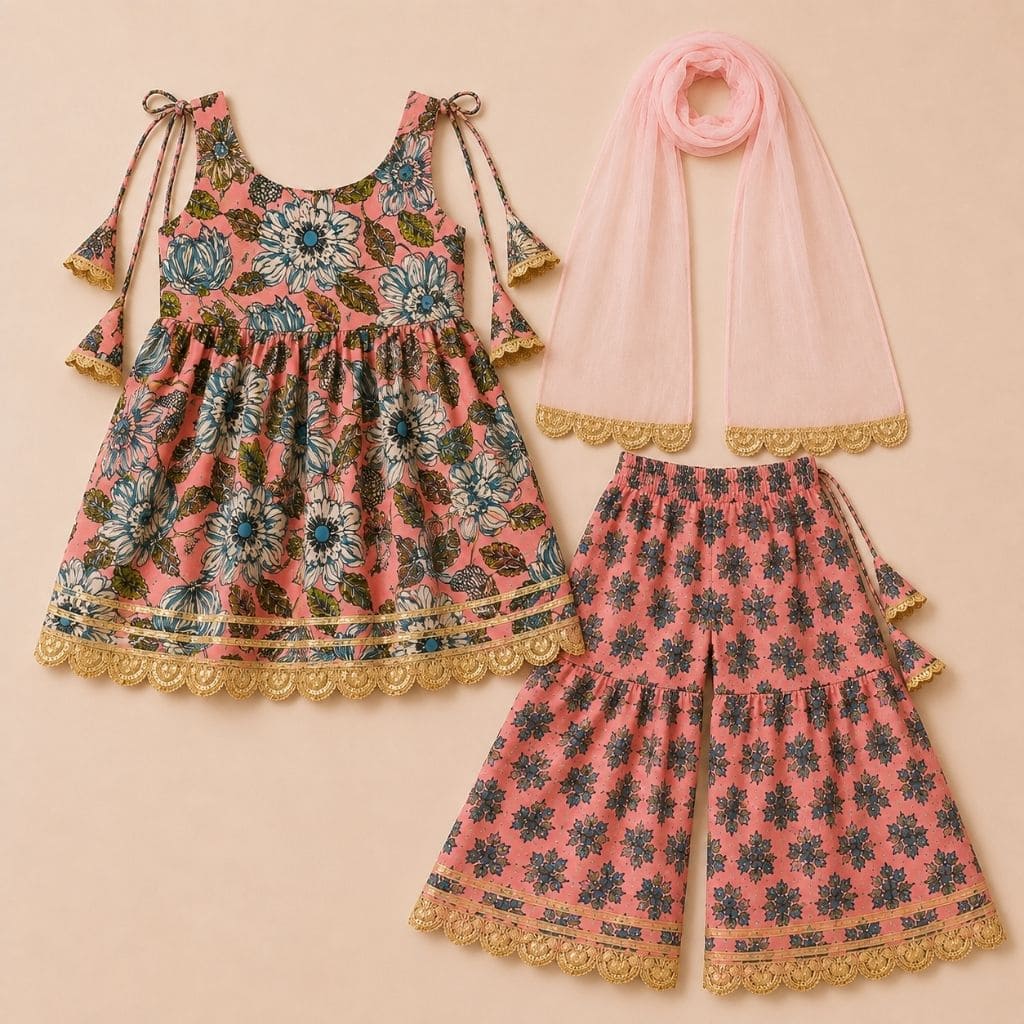 Girls Floral Printed Cotton Kurti Sharara Set with Net Dupatta | Sleeveless Ethnic Wear | Pink - Tippy Top